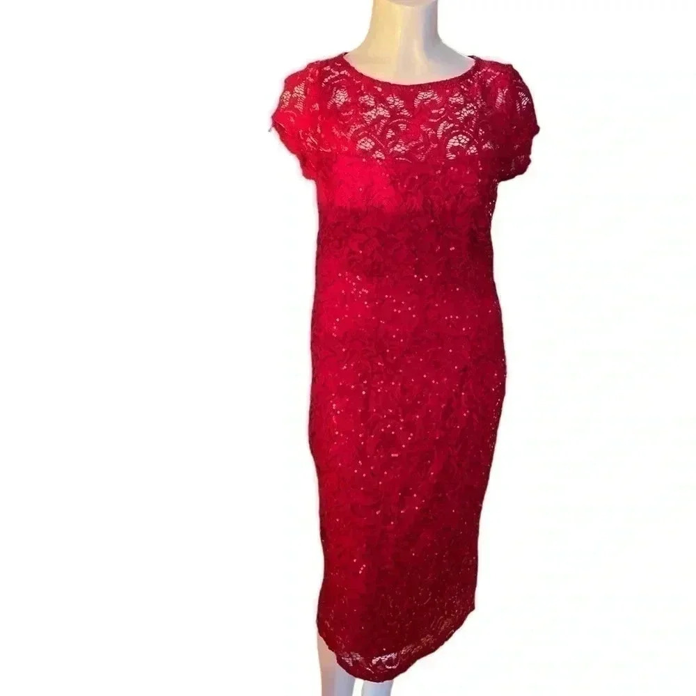 Marina red lace and sequin short sleeve dress sz S